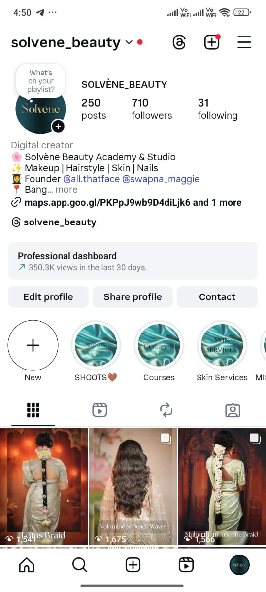 Solvene Beauty Instagram profile showing 710 followers and professional beauty academy content grid